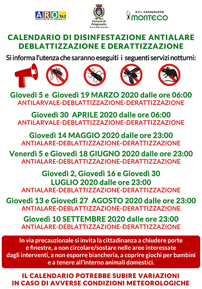 Palagianello. Calendario disinfestazioni antialare, antilarvale, derattizzazione e deblattizzazione